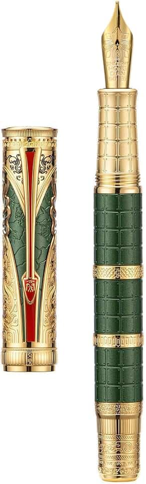 Hongdian D5X Fountain Pen Green Medium Nib, Qin Dynasty Retro Chinese Totem Engraving Smooth Writing Pen with Converter and Pen Box Set