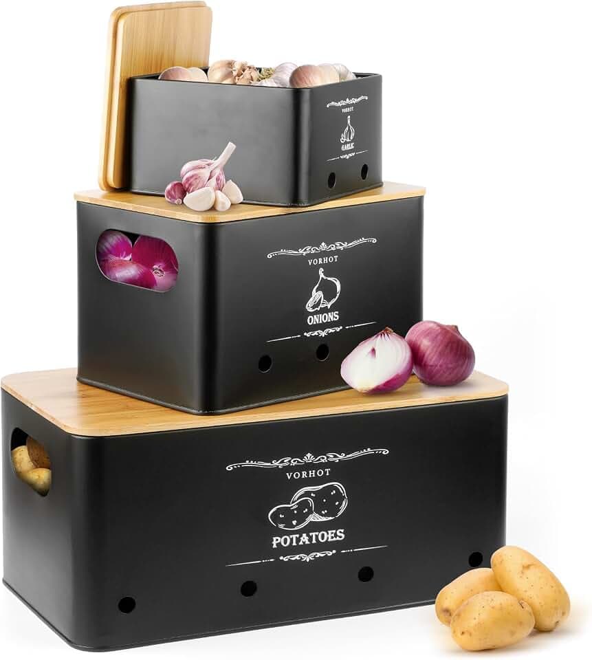 VORHOT Kartoffel Aufbewahrungsbox, 3er Set Zwiebel Kartoffel Knoblauch Aufbewahrung, Kartoffelbox mit Deckel aus Bambus, Schwarz