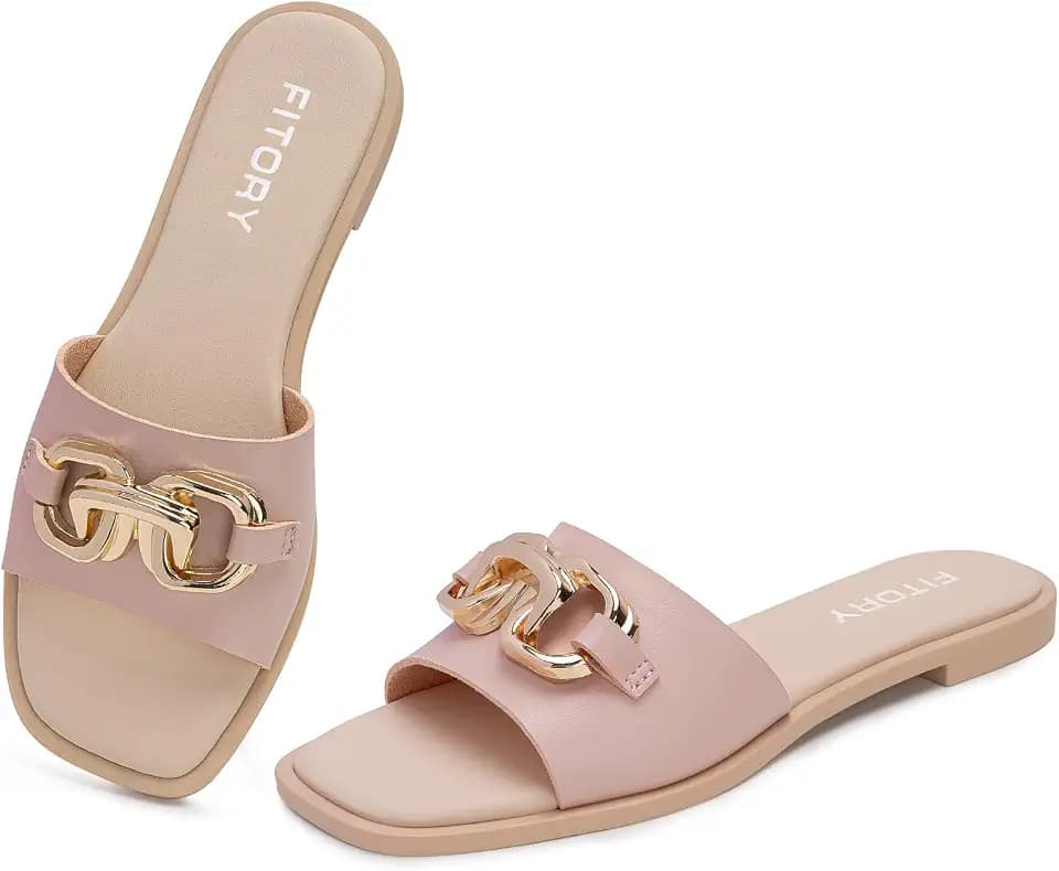 FITORY Women’s Sandals Fashion Soft Slides with Gold Buckle for Summer