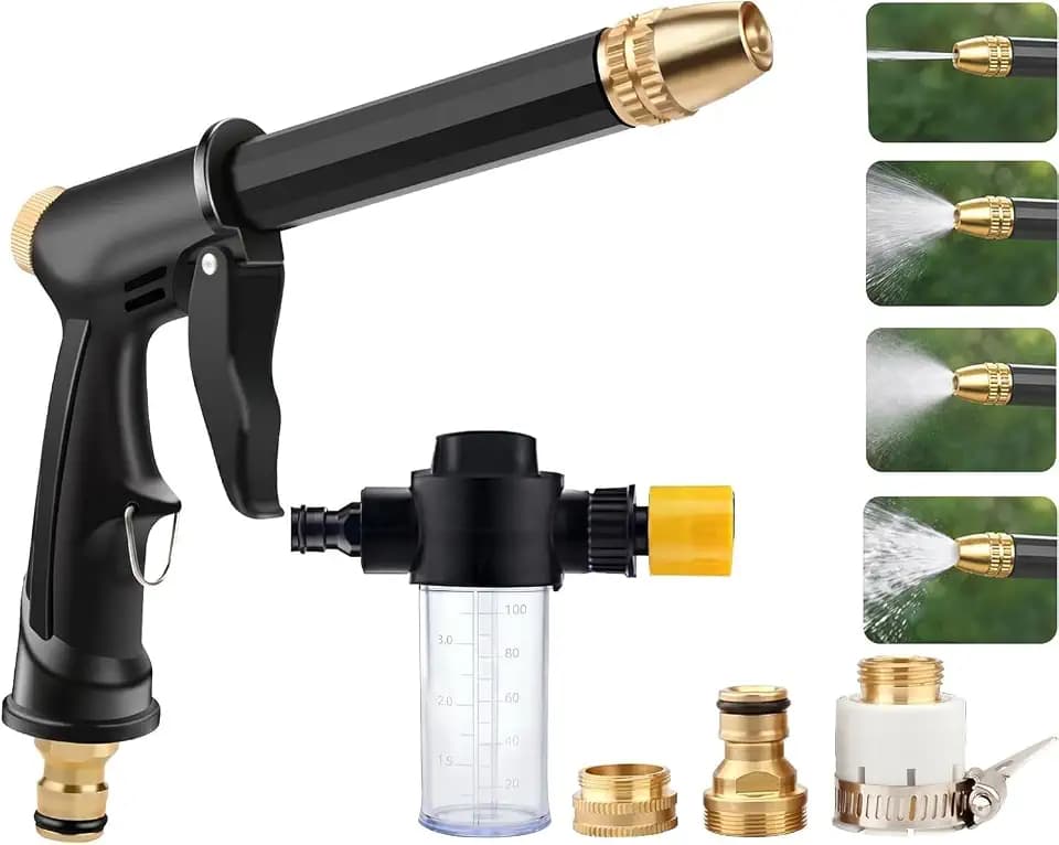 High Pressure Hose Nozzle with 4 Spray Modes, Adjustable Water Spray Gun, Metal Garden Hose Sprayer for Car Wash, Plant Watering, Patio & Outdoor Cleaning (Sprayer Kit with 3 Connectors & Foam Cannon)