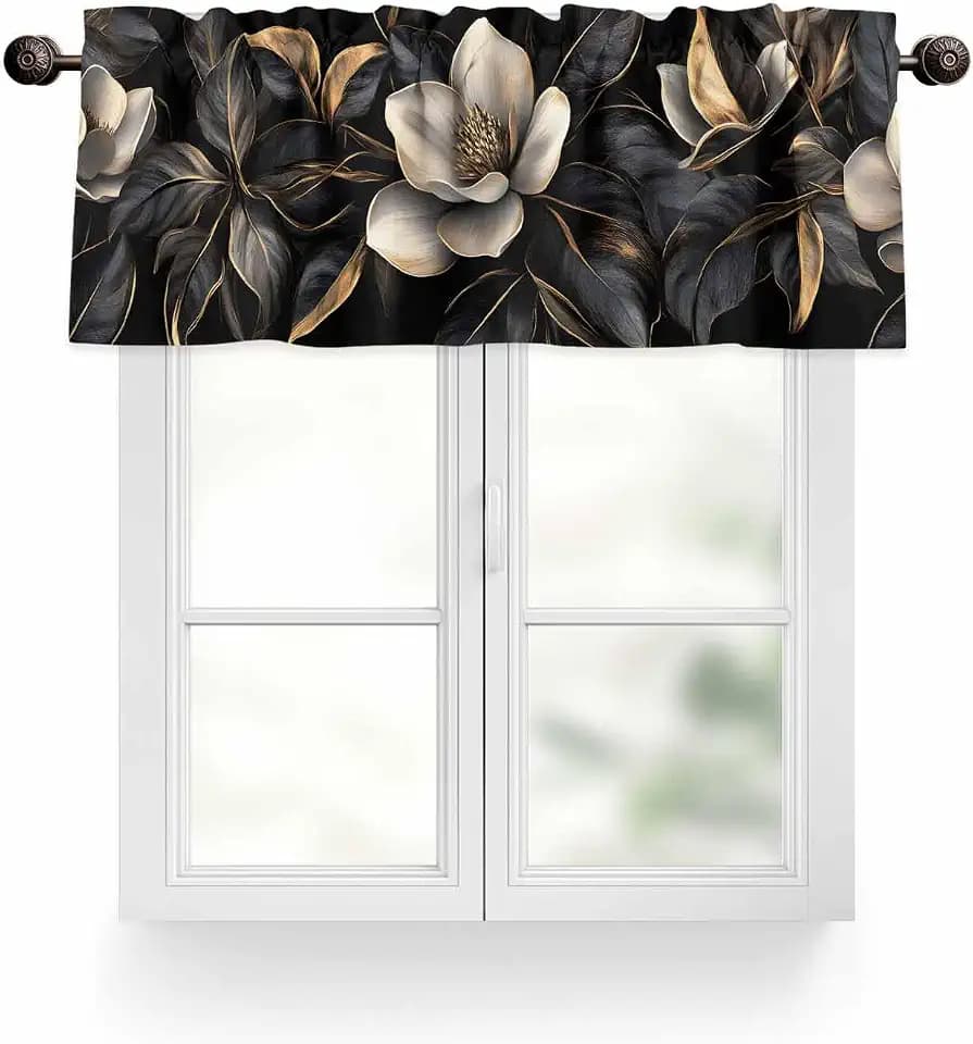Black Gold Flower Curtain Valance for Windows/Kitchen/Living Room/Bedroom,Gradient Luxurious Floral Botanical Rod Pocket Window Valance Curtain Panel Drape Treatment,Topper Small Cafe Curtains 42X18