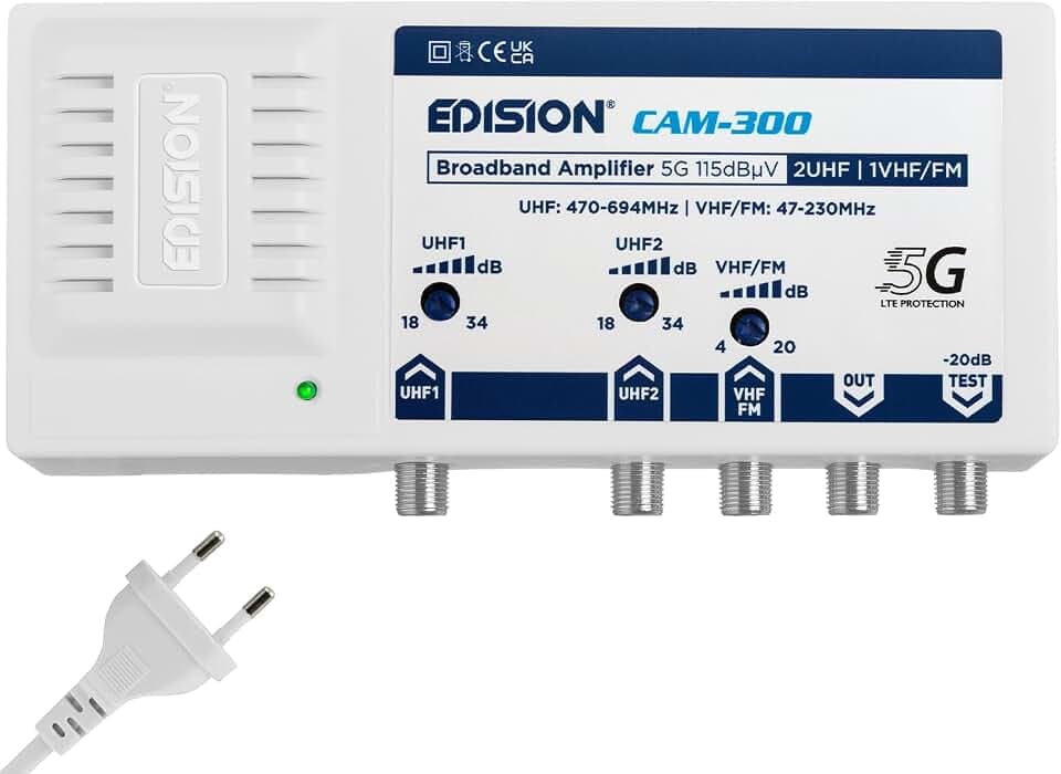 EDISION CAM-300 Mehrbereichsverstärker 2UHF, 1VHF/FM, 18-34db, 115dBmV, geeignet für Kabelfernsehen, Terrestrisch DVB-T/T2 und Radio, 5G LTE Filter, Frequenzbereich UHF 470-694Mhz, VHF/FM 47-230MHz
