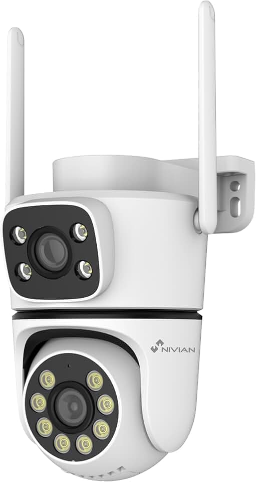 NIVIAN Überwachungskamera Außen WLAN Dual 3MP SuperHD 2K mit Doppelobjektiv – Kein Toter Winkel, KI Personenerkennung mit Auto-Tracking, 2-Wege-Audio, IP65 Wetterfest, Tuya App Steuerung (Weiß)