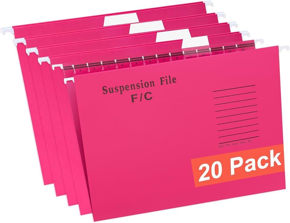 Foolscap Hängemappen, 20 Stück Hängehefter DIN FC, Hängeregister Mappen mit Reitern und Karteneinsätzen, Hängemappen FC, Hängeregistraturen für Büro, Schule (Rosa)