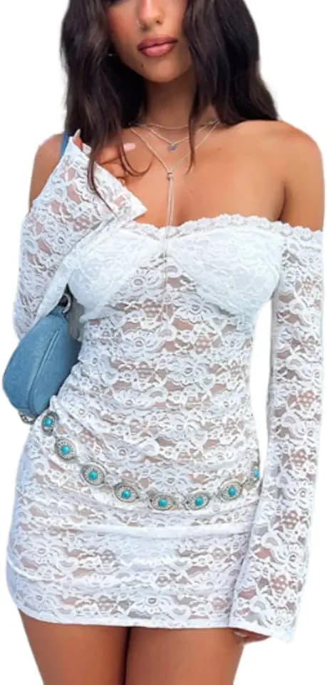 Womens Sexy Off Shoulder Lace Dresses Long Sleeve See Through Bodycon Mini Dress Y2K Dress Birthday Date Night Outfit
