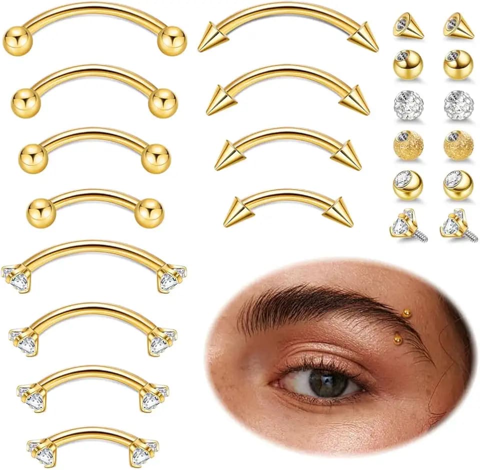 NICEIGHT 12Pcs 16G 18G Surgical Steel Eyebrow Piercing Jewelry for Women Men Small Curved Barbell Rings Vertical Labret Lip Jewelry Ear Rook Helix Daith Ring 6-12MM with 12Pcs Replacement Balls