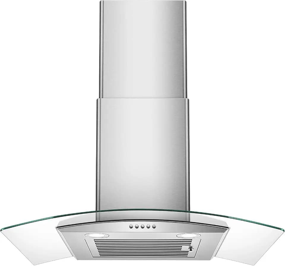 Range Hood 30 Inch, Tieasy Wall Mount Kitchen Hood with Ducted/Ductless Convertible Duct, Stainless Steel Chimney and Baffle Filter, 3-Speed Push Button, LED Lights