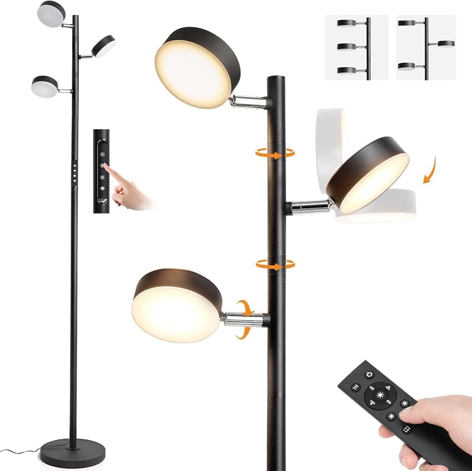JUNNAI LED Tree Floor Lamp with Remote & Touch Control, 3 Heads Adjustable Dimmable Modern Floor Lamps with Timer, 4 Color Temperatures, Tall Standing Lamp for Living Room, Bedroom, Office, Black