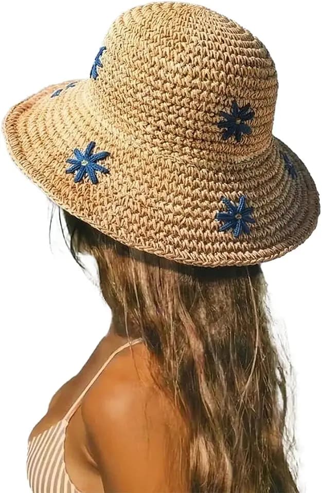 Women's Wide Brim Straw Sun Hat with Floral Embroidery, Foldable Beach Hat with Adjustable Chin Strap, UPF Protection