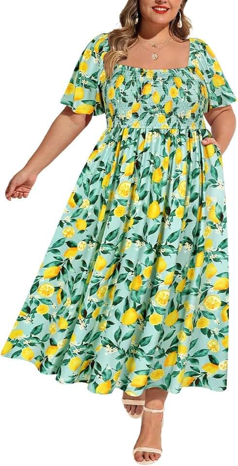 RITERA Plus Size Dresses for Curvy Women Square Neck Short Sleeve Summer Floral Smocked Maxi Dress with Pocket XL-5XL