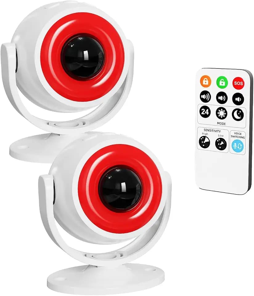 2 Pack Wireless Motion Detector Alarm for Indoor Use, PIR Motion Sensor with Sound Player for Pets, Dogs & Animal Deterrent, Intruder Alert & Remote Safety System, Noise Maker Sensor de Movimiento