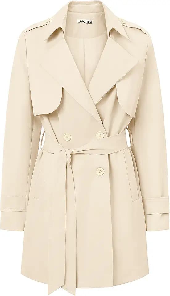 luvamia Trench Coat Women Mid Length Classic Double Breasted Lapel Business Casual Fall Jacket Coats Outerwear with Belt