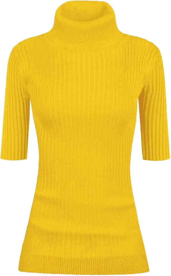 v28 Women Turtleneck 1/2 Half Sleeve Highly Stretchy Ribbed Knit Fitted Sweater