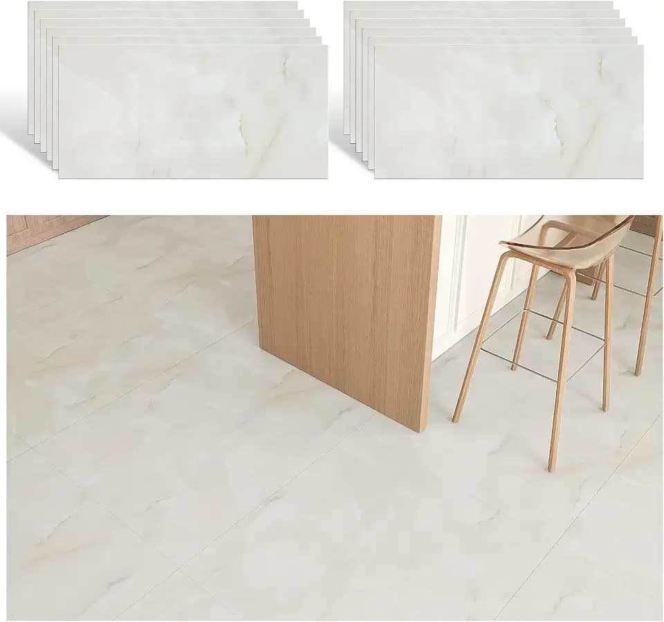 VEELIKE PVC Boden Marmor Beige PVC Bodenbelag Selbstklebendd Fliesen Marmor Vinyl Fliesen Fliesenaufkleber Bodenfliesen Klebefliesen Bad Boden Vinylboden Küche Garage 60cm×30cm 12 Stück