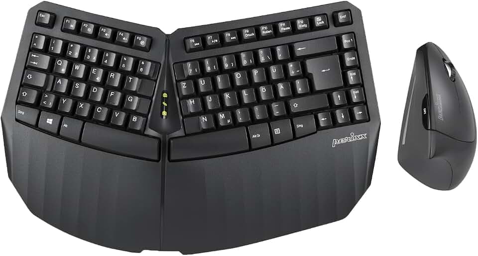 Perixx PERIDUO-813 - Ergonomische Kabellose Tastatur und Vertikale Maus, Kompakt, Handgelenkauflage, Multiverbindung, Schwarz - QWERTZ