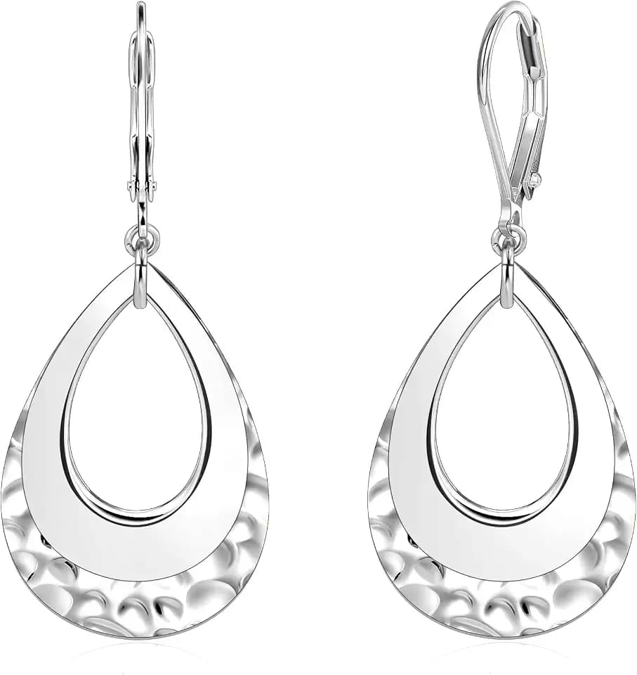 Silver Teardrop Dangle Earrings for Women Hammered Layer Drop Dangle Earrings Jewelry Hypoallergenic Boho Teardrop Leverback Dangle Earings for Jewelry Gifts