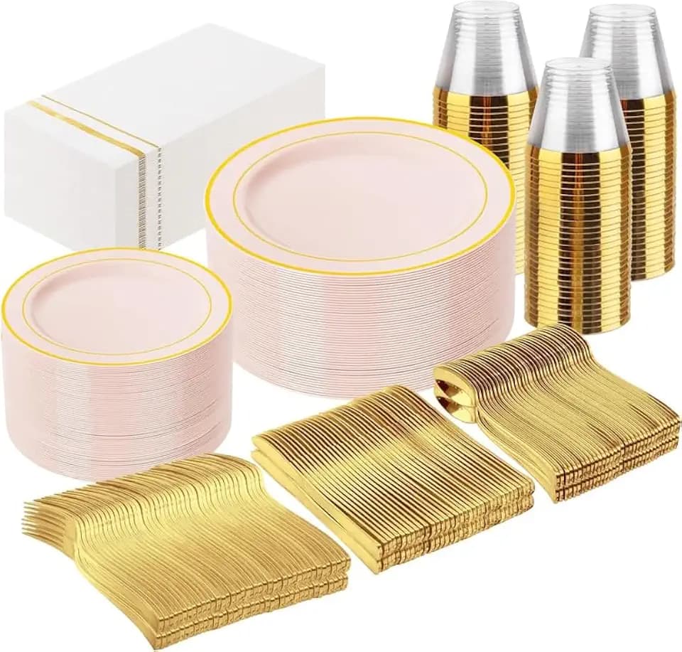 GATHER 350PCS Pink Plastic Plates with Gold Rim for Wedding Baby Shower