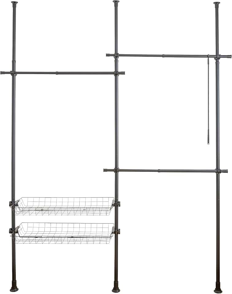WENKO Teleskop-System Herkules Duo, 3 Kleiderstangen, 2 Ablagekörbe, Ausziehbar, Pulverbeschichtetes Metall, 164-215 x 165-300 x 38 cm, Schwarz matt