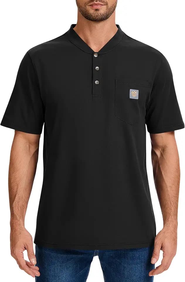 Men's Loose Fit Heavyweight Short-Sleeve Pocket Work Henley T-Shirt