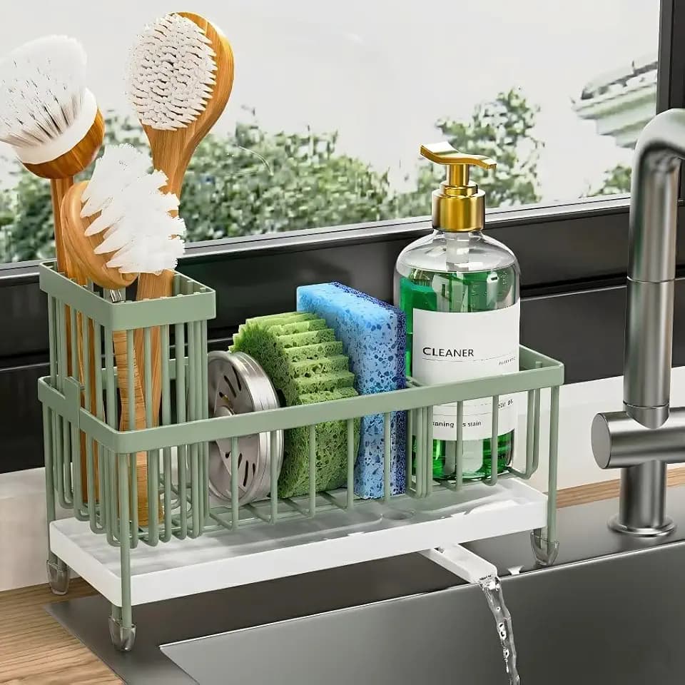 Cisily Sponge Holder for Kitchen Sink, Sink Caddy Organizer with High Brush Holder, Kitchen Countertop Organizers and Storage Essentials, Rustproof 304 Stainless Steel (Sage Green, 9.25″)