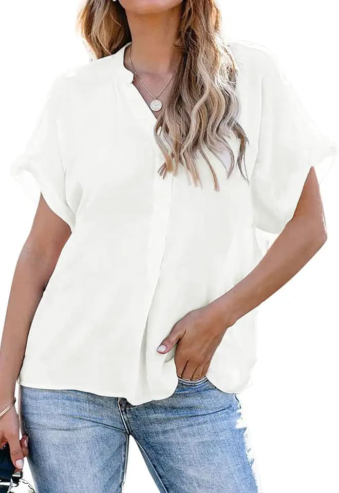 ANCAPELION Women’s Summer Chiffon Blouse Casual Short Sleeve V Neck Shirt Loose Printed Cuffed Sleeve Tunic Tops for Women