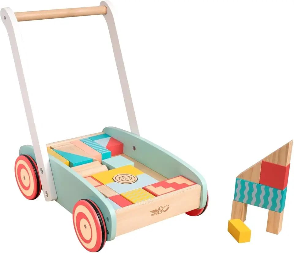 Owl & Fox Holz-Lauflernwagen mit 29 bunten Bausteinen – Traditionelles Schiebespielzeug zur frühen Entwicklung & Aktivität – produziert – Ab 12 Monaten