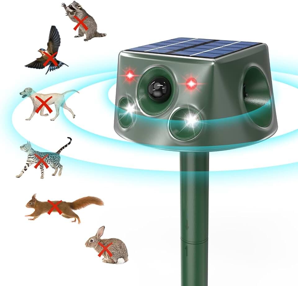 Katzenschreck für Außenbereich, 360° Solarbetriebene Tierkontrollgeräte Vogelschreck mit Bewegungssensor und Blinklicht, 6 Modi Wasserdichter Tierabwehr für Eichhörnchen Waschbären Marder Kaninchen
