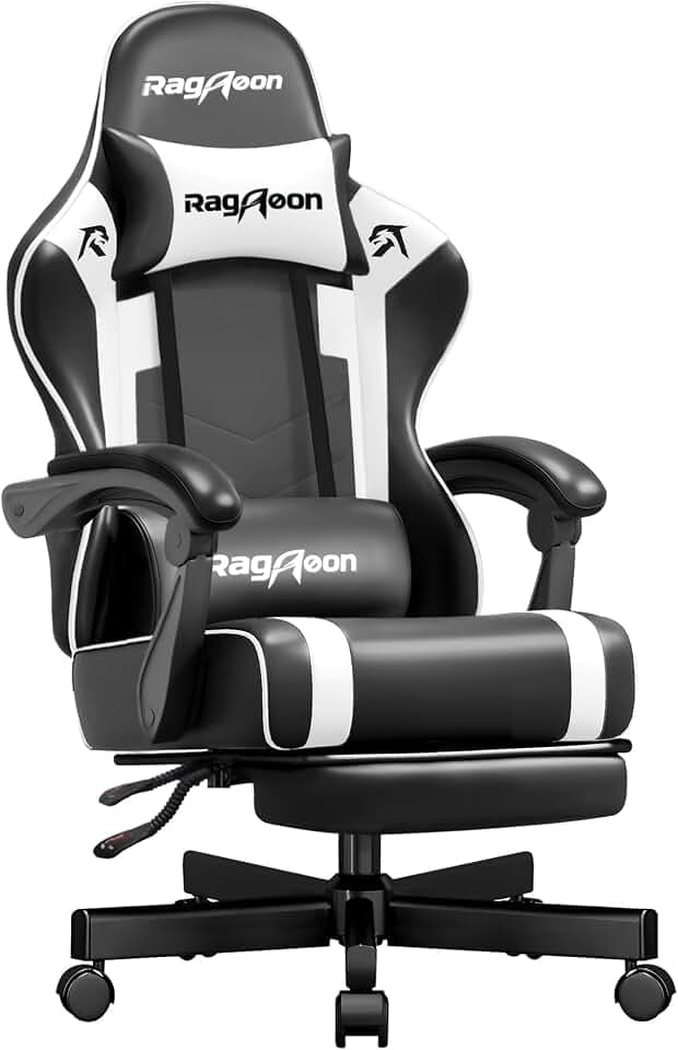 Gaming Stuhl – Ergonomischer Gamer Sessel mit Fußstütze, Kopfstütze und Lordosenstütze, höhenverstellbar, gepolstert, Tragkraft 100 kg, Schwarz