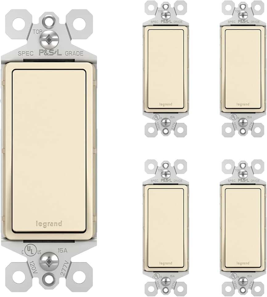 Legrand radiant TM873LACP4 15 Amp Rocker Wall Switch, 3-Way Decorator Light Switches, Light Almond (5 Pack)