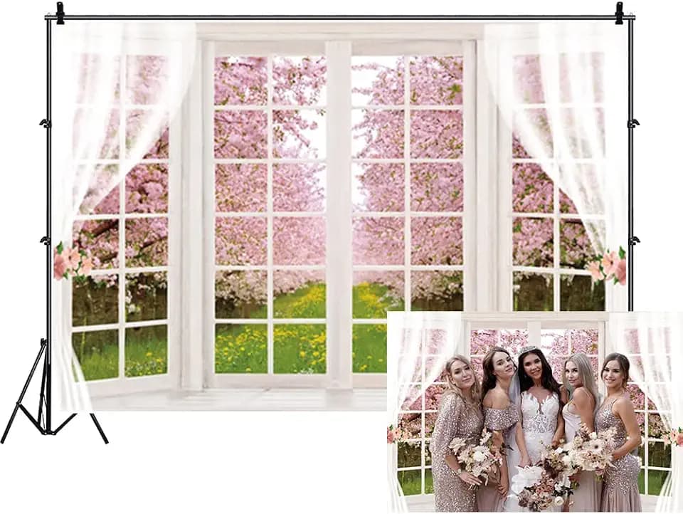 Pink Cherry Blossom Window View Backdrop Nature Garden Background 7x5ft