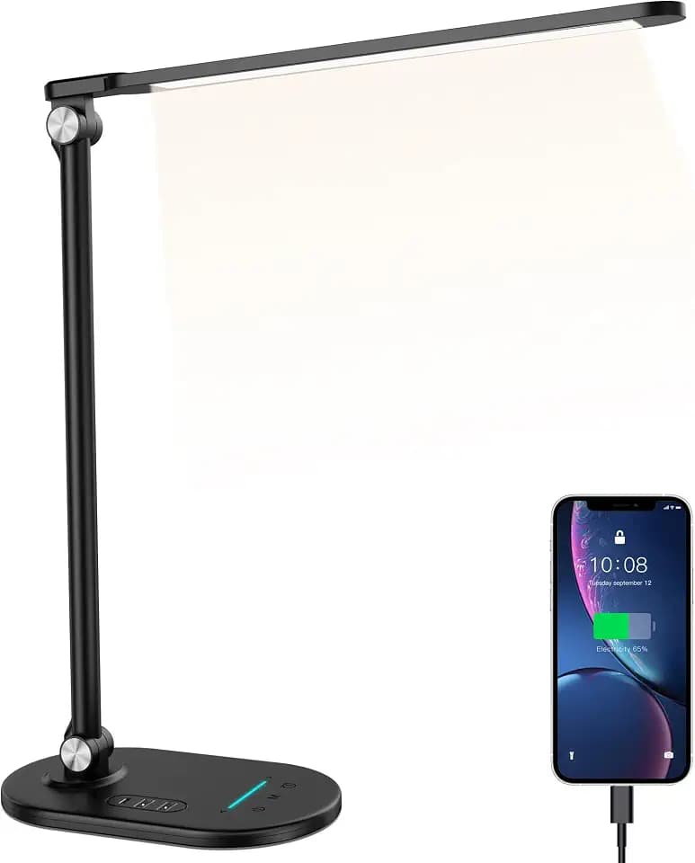 Schreibtischlampe LED Tischlampe Desk Lamp-Schreibtisch Lampe Tisch mit Ladefunktion Bürolampe Dimmbar USB-Anschluss Smartphones 4 Farben und Stufenlose Helligkeits 45 min Auto Timer