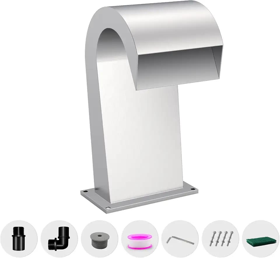 Wasserfall Überlauf Edelstahl Pool Brunnen gebogen mit Zubehör, Teich Wasserfälle S-förmig Outdoor Wasser Überlauf Brunnen Kit für Garten Terrasse Schwimmbad Dekoration-42.5cm Höhe