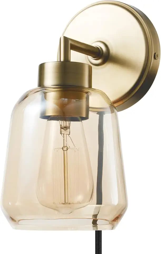 Globe Electric 1-Light Matte Brass Plug-in or Hardwire Wall Sconce with Smoked Amber Glass Shade and in-Line On/Off Switch