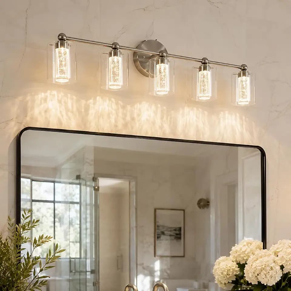 Brushed Nickel Vanity Light with 3 Color Modes, Eye Protection LED Bathroom Light Fixtures, Dimmable Modern Wall Light Over Mirror with Clear Glass Shade (Brushed Nickel, 5-Light)