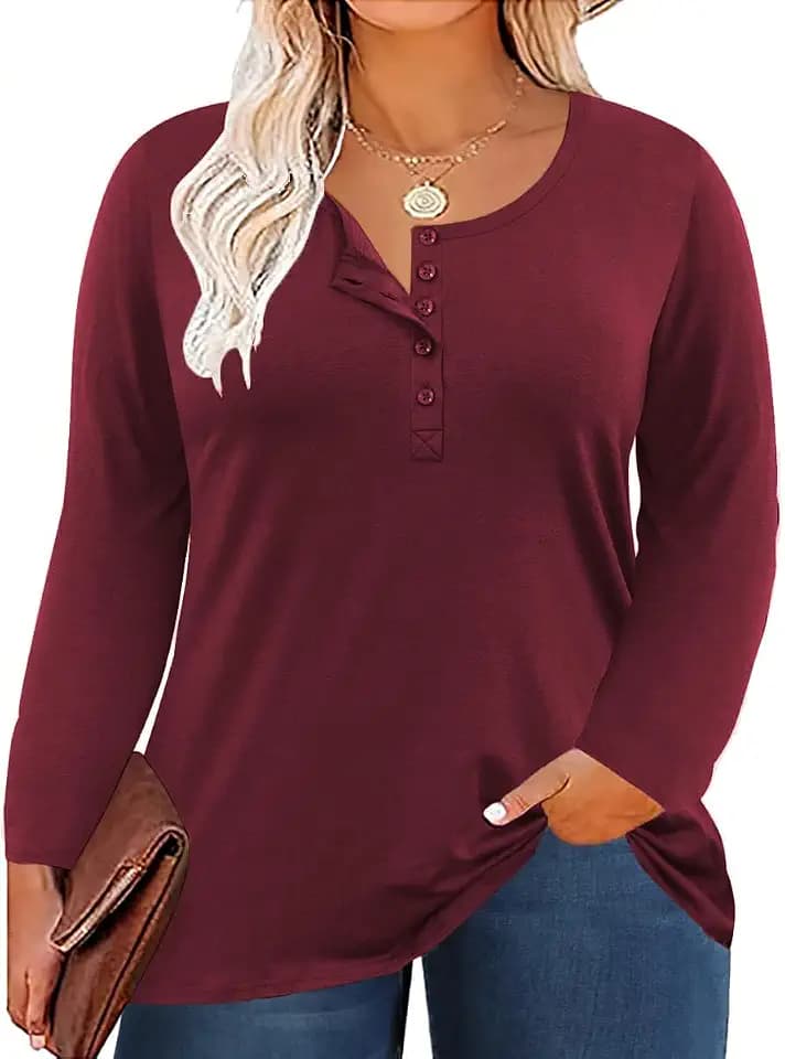 ForHailey Women's Plus Size Top Henley Neck Shirt Long Sleeve Button Front Round Neck Tee Basic Ladies Loose Fit T Shirt