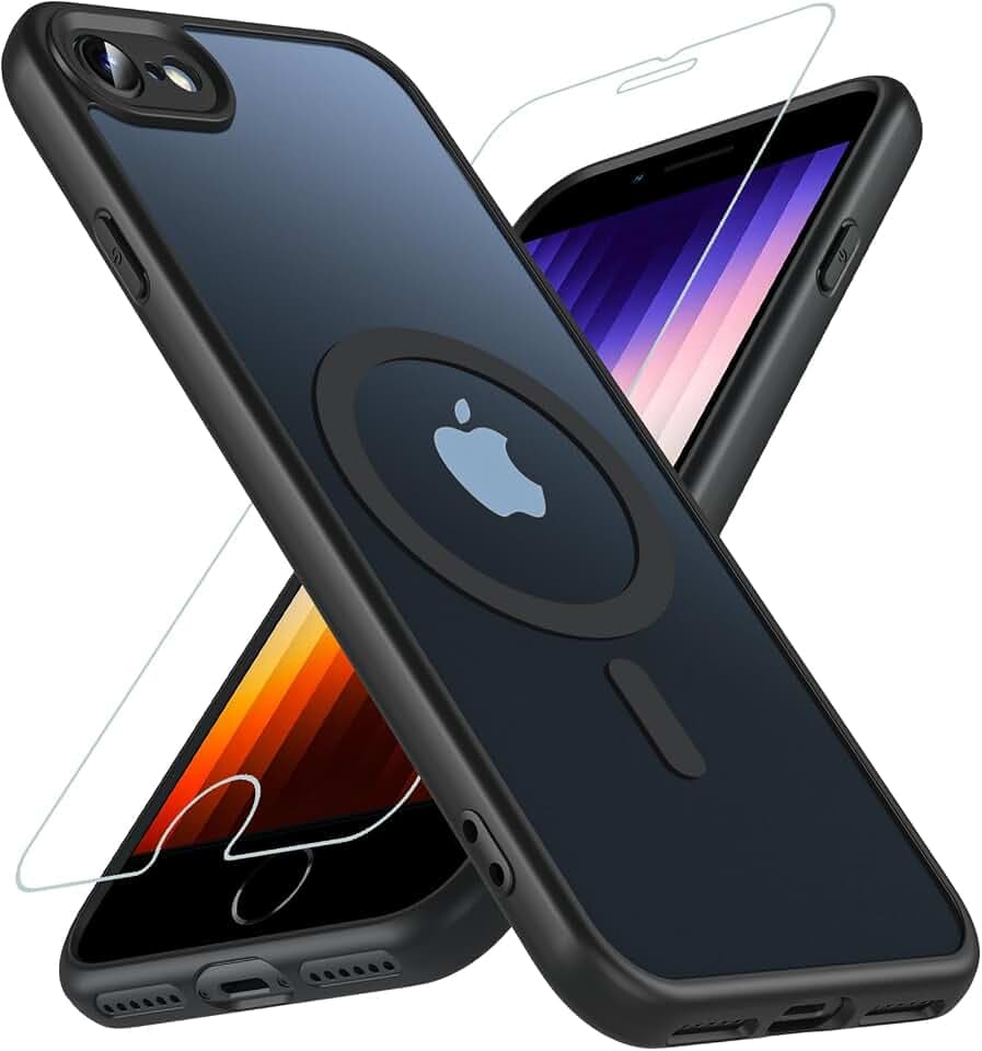 OWKEY Magnetic for iPhone SE Case 2022/2020/3rd/2rd, iPhone 8/7 Case, Compatible with MagSafe SE Phone Case with Screen Protector, Shockproof Matte Translucent Hard Back Slim Protective Cover (Black)