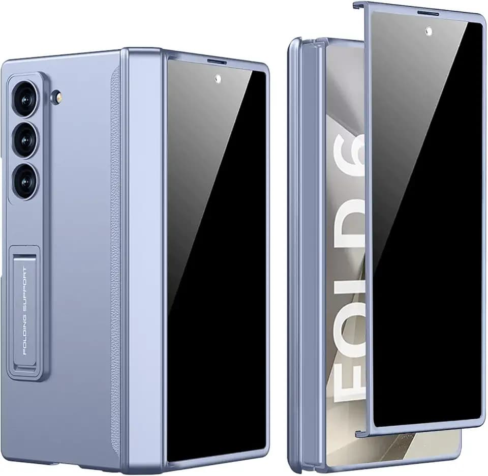 für Samsung Galaxy Z Fold 6 Hülle mit Scharnierabdeckung Schutz & Ständer, eingebaute Sichtschutzfolie auf der Vorderseite stoßfeste schlanke Anti-Spy-Filmabdeckung aus gehärtetem Glas (Blau)