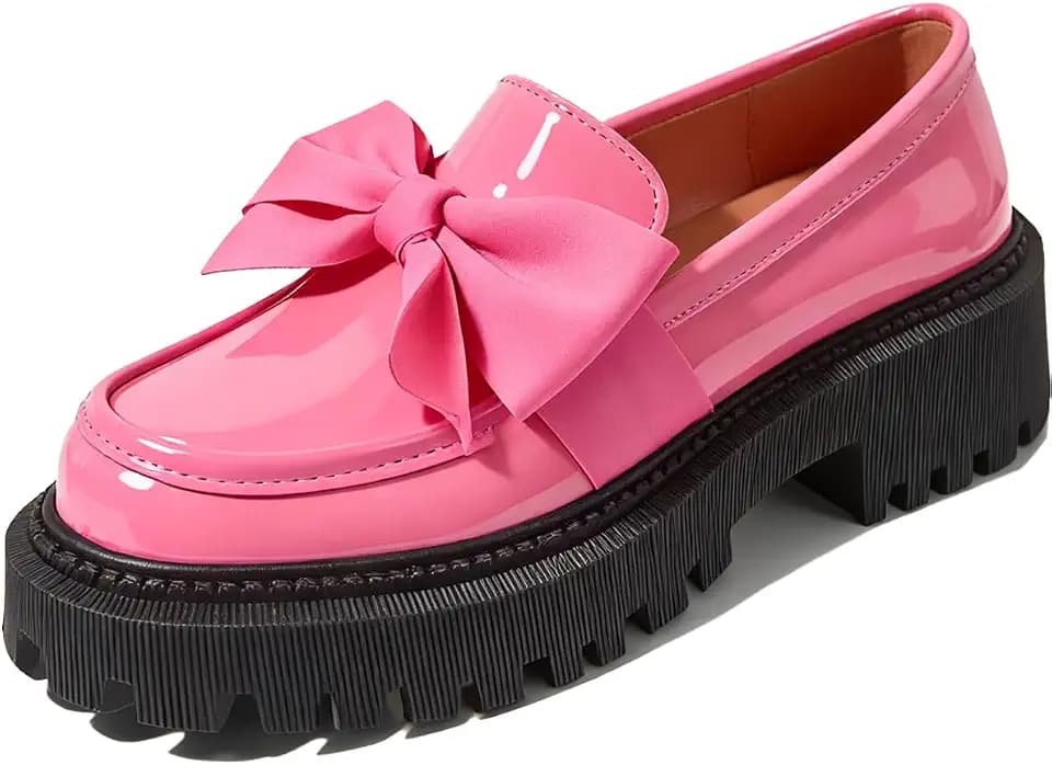Bow Loafers for Women's Patent Leather Chunky Heel Dress Shoes Elegant Round Toe Platform Non-Slip Lug Sole Casual Work School Shoes for Business Office Everyday Wear