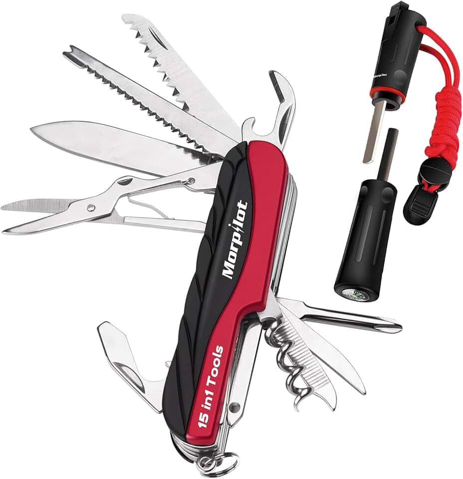 Morpilot Multifunktionswerkzeug, 15 Funktionen, Klinge, Dosenöffner, Kapselheber, Schere, Holzsäge, für Haushalt, Klettern, Camping, Touren, mit Feuerstein