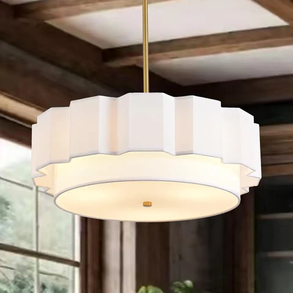 Large Drum Chandelier for Dining Room Light Fixture Modern 22.05" Boho Chandelier 2-Tier 4 Light Fabric Chandelier Ceiling Hanging Height Adjustable