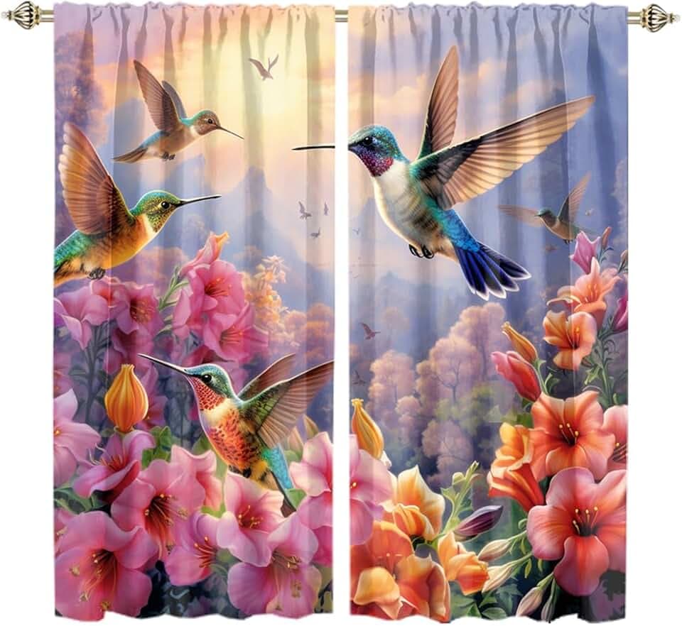 Classic Beautiful Wildlife Hummingbird Blackout Curtain for Living Room Rustic Aesthetic Art Forest Spring Garden Hummingbirds Thermal Insulated Curtain for Bedroom 2 Panels Each 21"W x 45"L