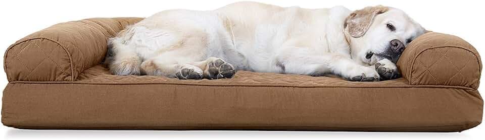 Furhaven Kühlendes Gel-Hundebett für große Hunde mit abnehmbaren Seitenrollen und waschbarem Bezug, für Hunde bis zu 43 kg, gestepptes Sofa, Hellbraun (Toasted Brown), Größe Jumbo/XL