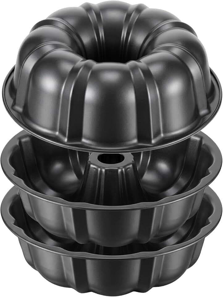 3 Pack 9.3” Non-stick Cake Pan, Heavy Duty High Carbon Steel Fluted Tube Pan, Buntz Pound Cake Mold, Jello/Gelatin/Chocoflan Bakeware, Easy Clean, Dark Gray