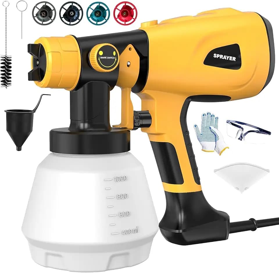 1000W HVLP Paint Sprayer for Furniture and House Painting, Electric Spray Paint Gun with Adjustable Spray Width, 4 Nozzles, 3 Spray Patterns, Blowing and Cleaning Functions, Yellow