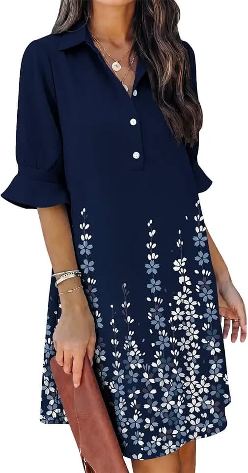 FEKOAFE Womens Casual Dress V Neck Short Sleeve Shift Dresses with Pockets