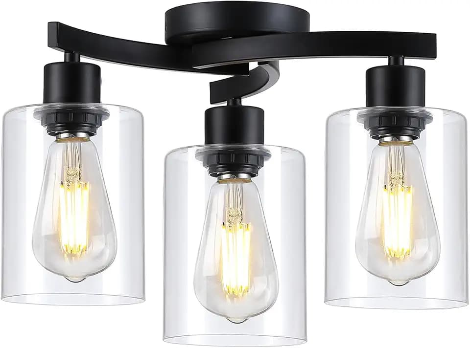3-Light Semi Flush Mount Ceiling Light, Modern Close to Ceiling Light Fixtures with Clear Glass Shades, Black Light Fixture for Kitchen, Dining Room, Hallway, Entryway, Foyer