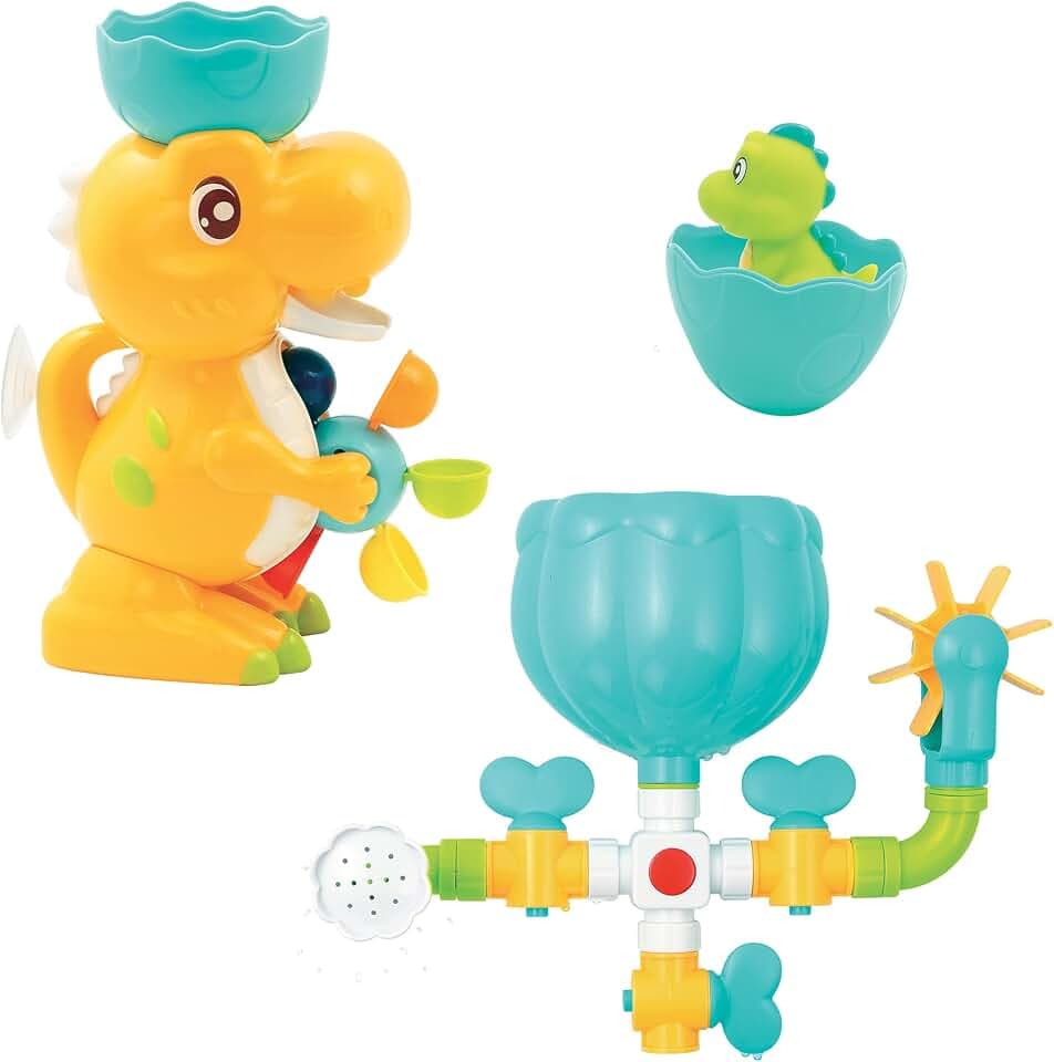 LUDI Badeset Dino — 1 Wasserkreislauf im Gebäude, 1 großer Dinosaurier, 1 Baby Dino Asperger — Badespielzeug mit Saugnapf für Babys — modular, skalierbar und lehrreich — ab 18 Monaten