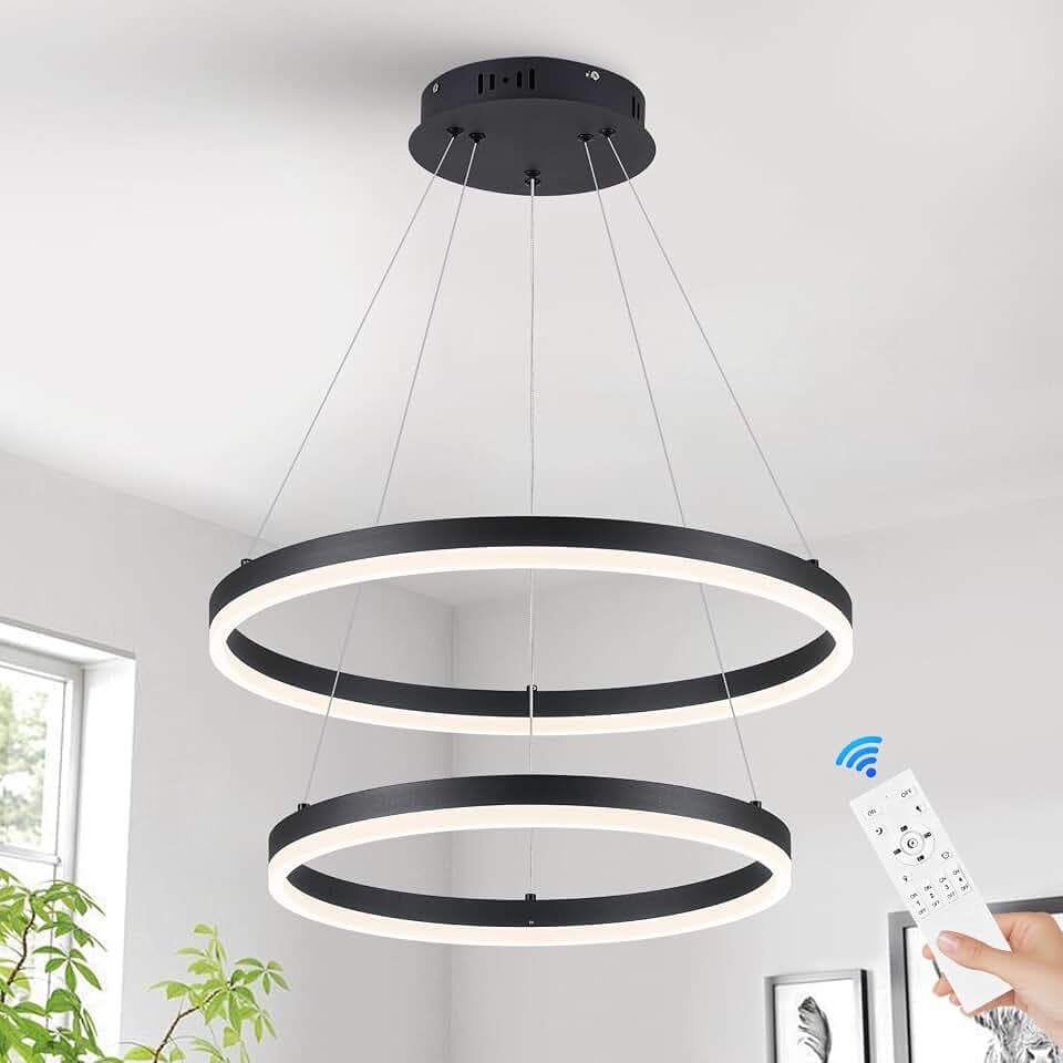CATINER Moderner LED Rund Hängeleuchte Schwarz 2-Ring Pendelleuchten Dimmbar mit Fernbedienung Hängelampe LED Kronleuchter für Esstisch Wohnzimmer Schlafzimmer Küche,40+50cm