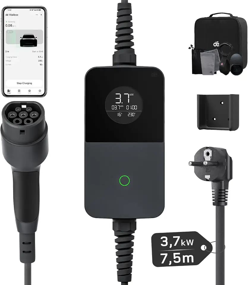 dé 3,7kW Typ 2 Ladekabel Schuko mit APP, EV Charger mit 7,5m Kabel, 6-16A