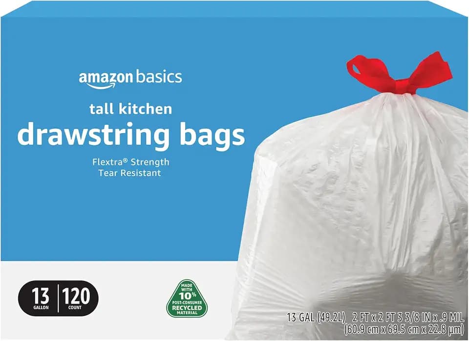 Amazon Basics 13 Gallon Tall Kitchen Drawstring Trash Bags, Flextra Strength, Tear Resistant, 10% Post Consumer Recycled, 120 Count